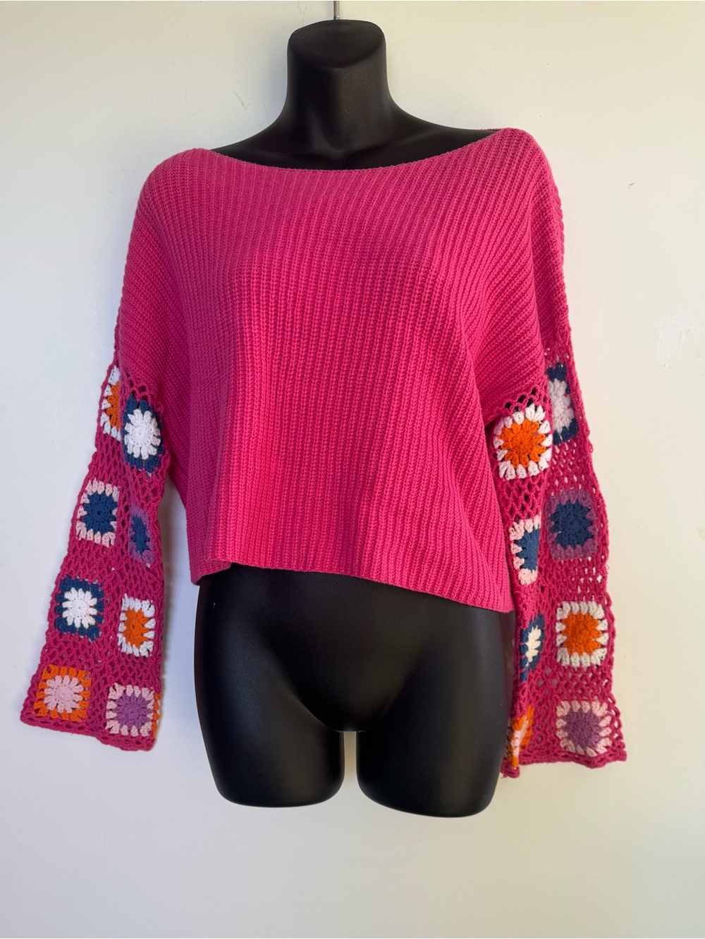 Altar'd State Hot Pink Off-Shoulder Sweater with Multicolor Crochet Sleeves